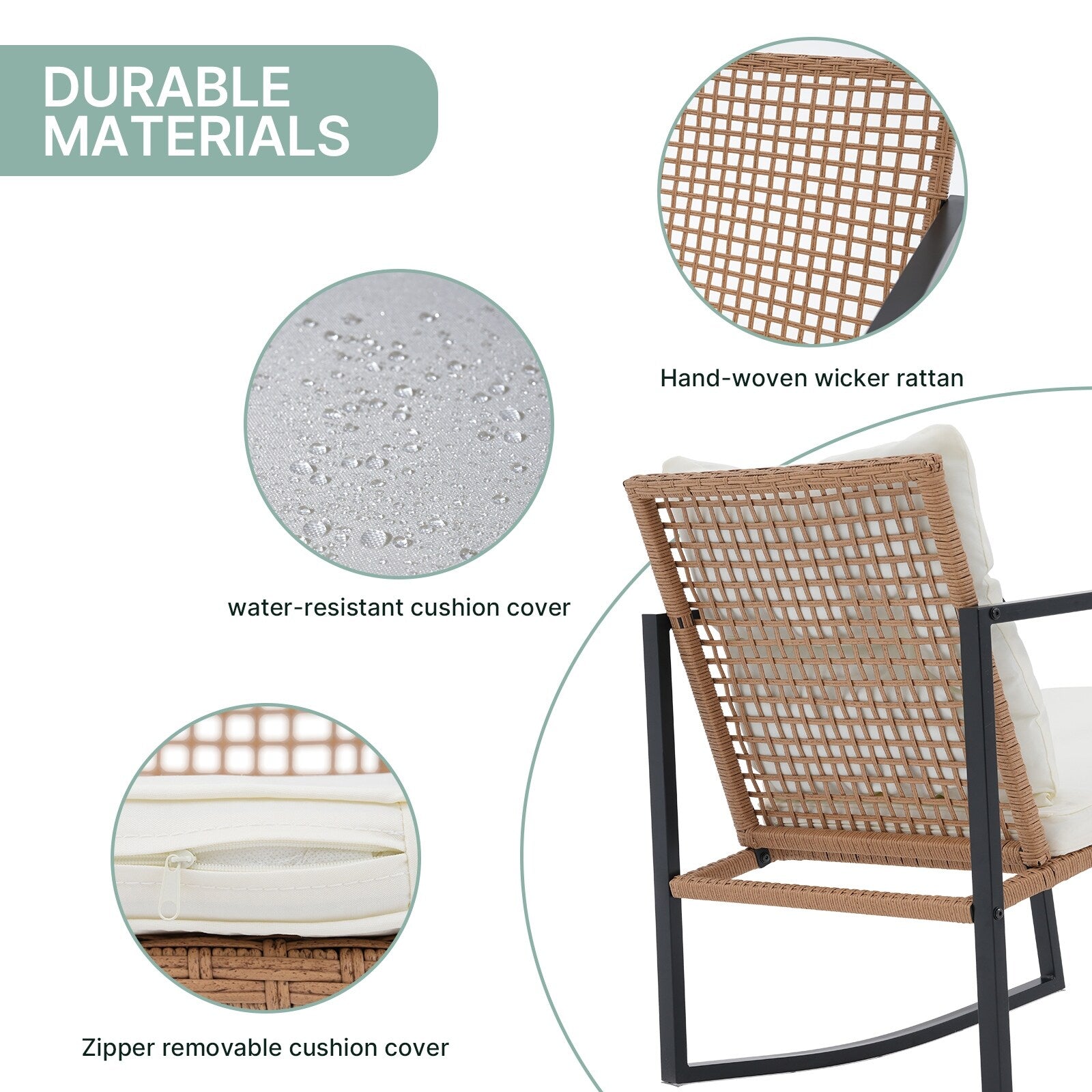 Ensemble de 3 chaises à bascule pour patio, bistro, chaises de balcon, ensembles de conversation avec table basse et coussins