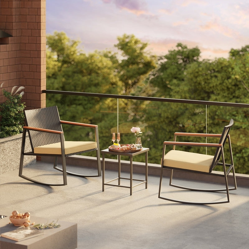 Ensemble bistrot à bascule 3 pièces en osier, avec chaises à bascule et table en verre