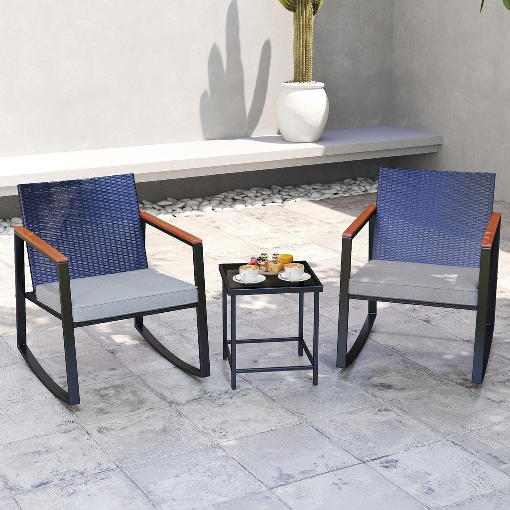 Ensemble bistrot à bascule 3 pièces en osier, avec chaises à bascule et table en verre