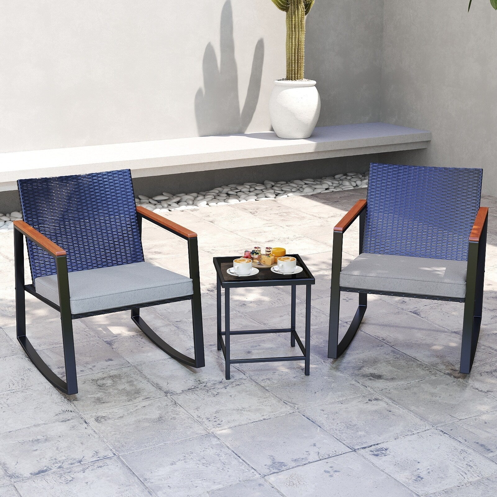 Ensemble bistrot à bascule 3 pièces en osier, avec chaises à bascule et table en verre