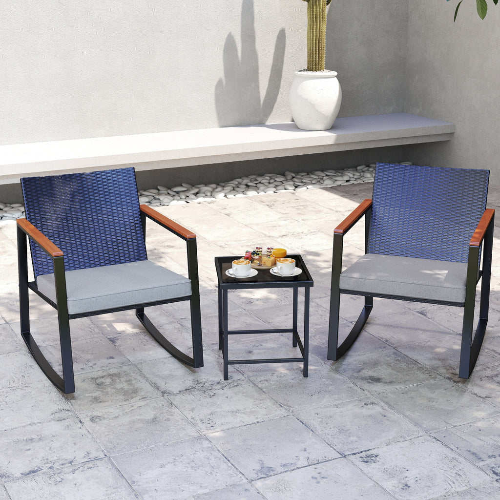 Ensemble bistrot à bascule 3 pièces en osier, avec chaises à bascule et table en verre