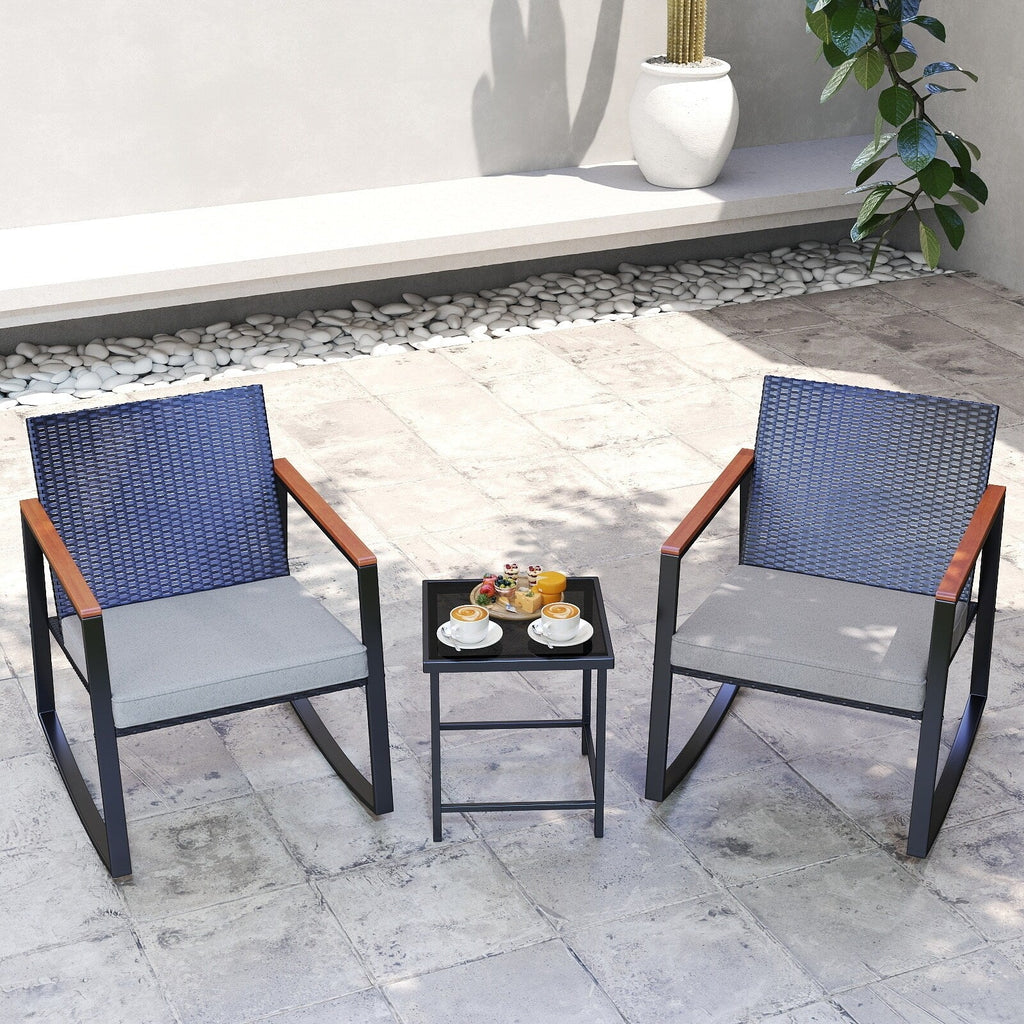 Ensemble bistrot à bascule 3 pièces en osier, avec chaises à bascule et table en verre