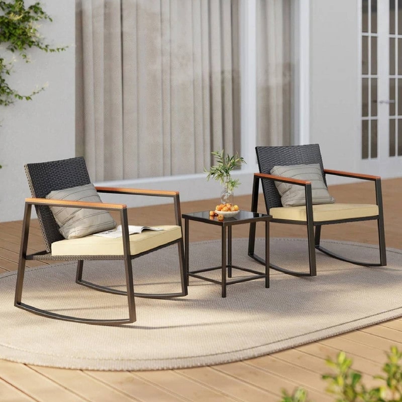 Ensemble bistrot à bascule 3 pièces en osier, avec chaises à bascule et table en verre