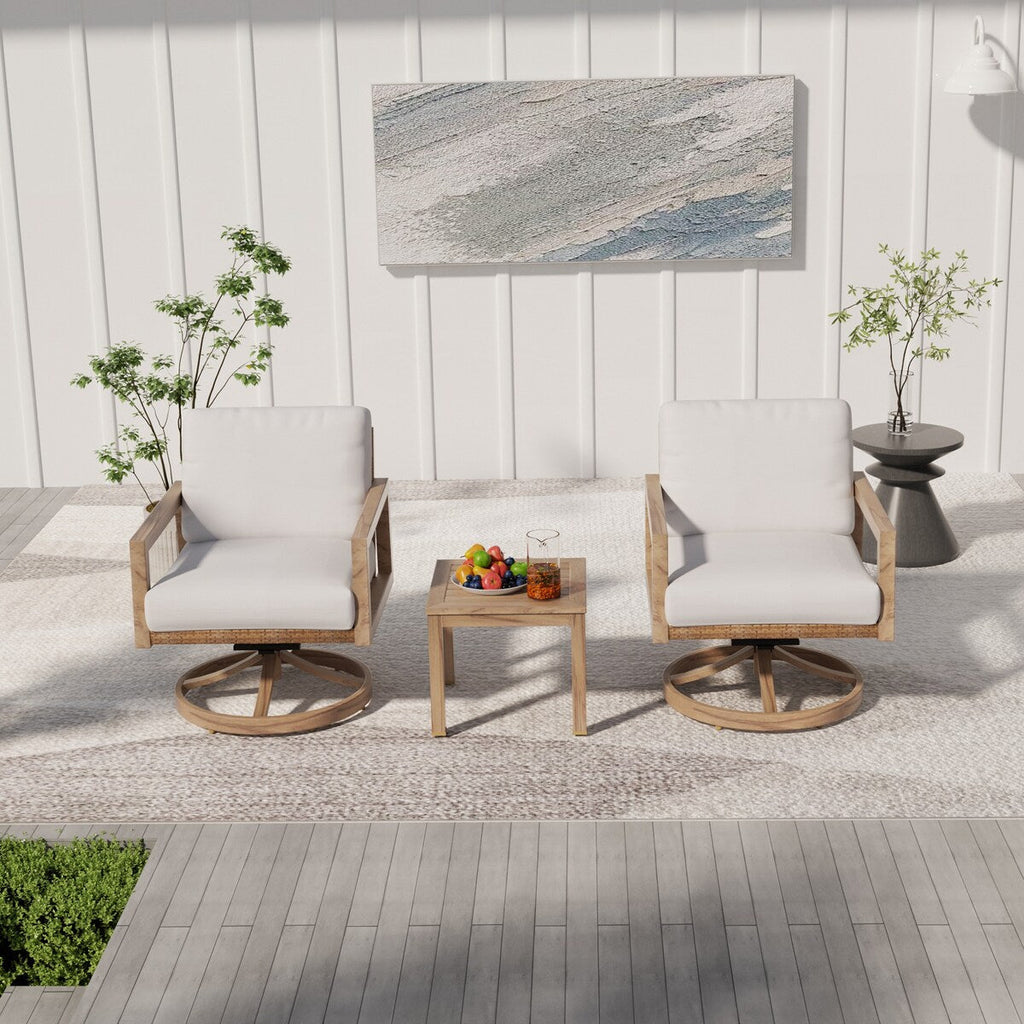 Ensemble de salon de jardin 3 pièces en aluminium effet bois avec chaises pivotantes, dossier et coussins en rotin