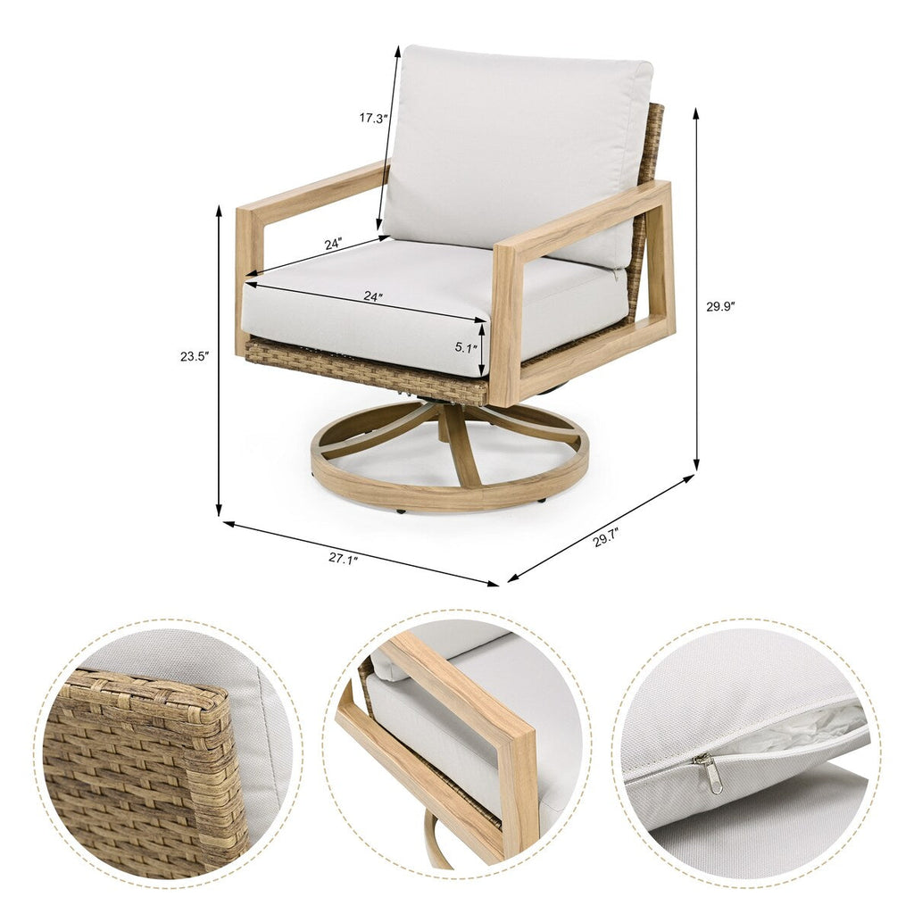 Ensemble de salon de jardin 3 pièces en aluminium effet bois avec chaises pivotantes, dossier et coussins en rotin