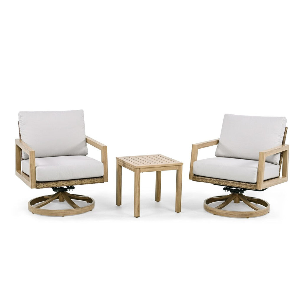 Ensemble de salon de jardin 3 pièces en aluminium effet bois avec chaises pivotantes, dossier et coussins en rotin
