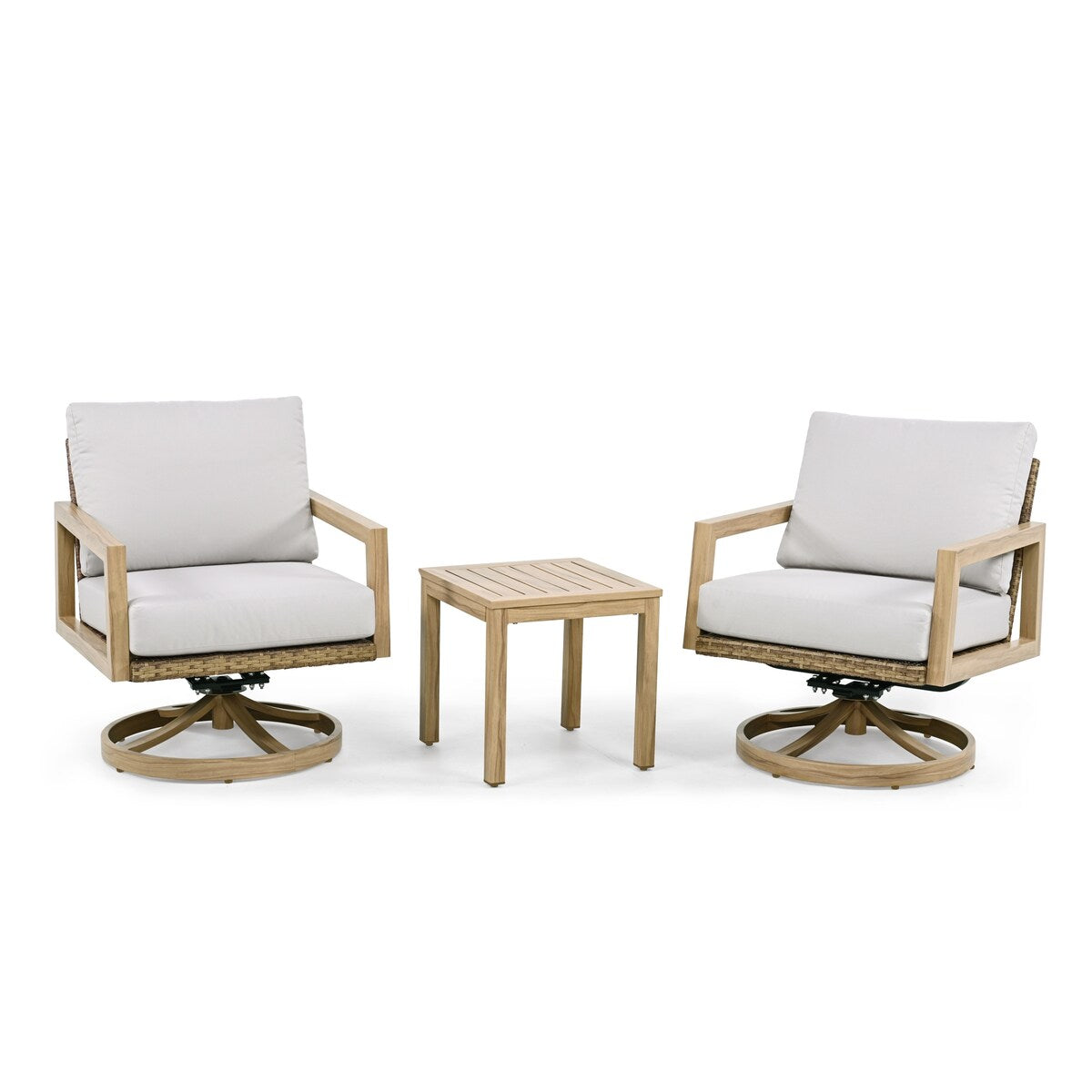 Ensemble de salon de jardin 3 pièces en aluminium effet bois avec chaises pivotantes, dossier et coussins en rotin