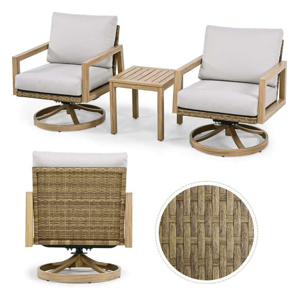 Ensemble de salon de jardin 3 pièces en aluminium effet bois avec chaises pivotantes, dossier et coussins en rotin