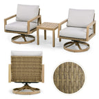 Ensemble de salon de jardin 3 pièces en aluminium effet bois avec chaises pivotantes, dossier et coussins en rotin