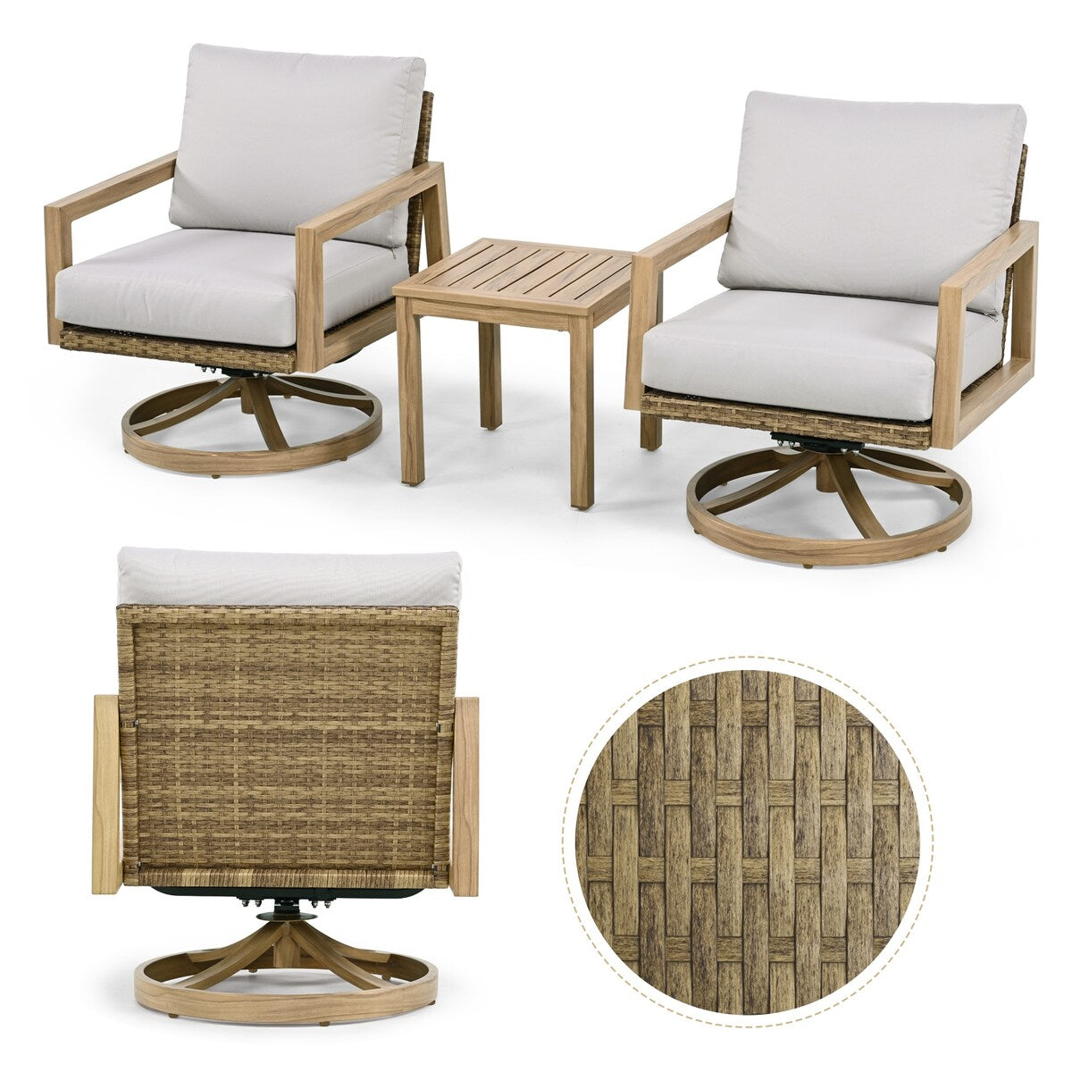 Ensemble de salon de jardin 3 pièces en aluminium effet bois avec chaises pivotantes, dossier et coussins en rotin