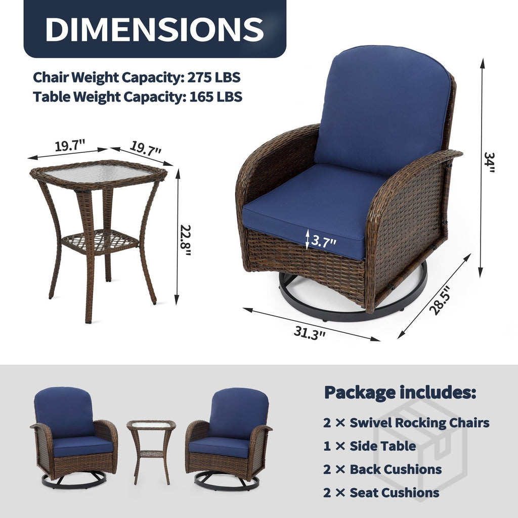 Ensemble de meubles de patio 3 pièces, ensemble bistrot pivotant d'extérieur avec chaises à bascule en osier et table basse en verre