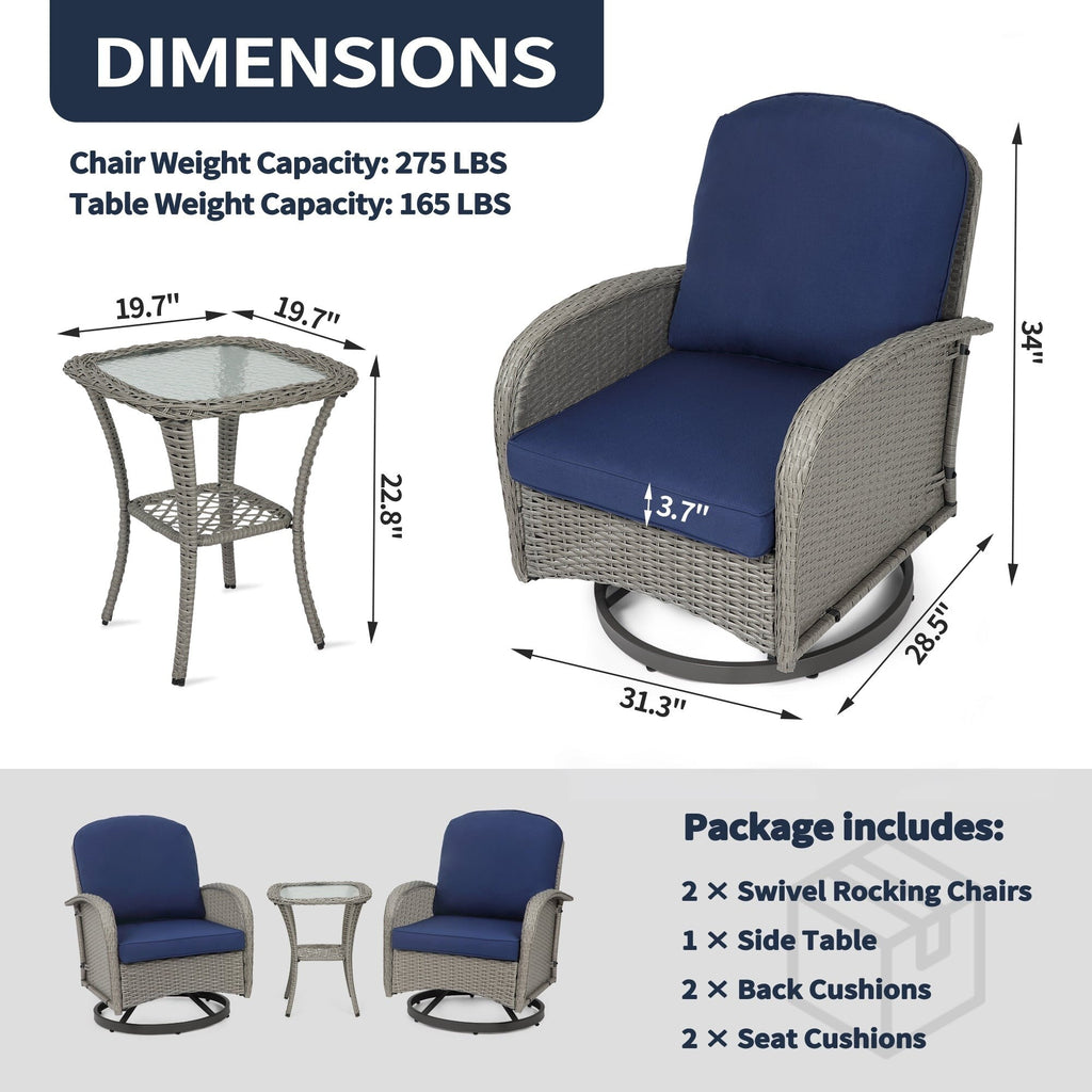 Ensemble de meubles de patio 3 pièces, ensemble bistrot pivotant d'extérieur avec chaises à bascule en osier et table basse en verre