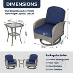 Ensemble de meubles de patio 3 pièces, ensemble bistrot pivotant d'extérieur avec chaises à bascule en osier et table basse en verre