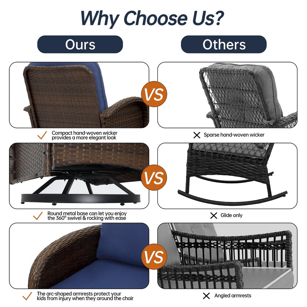 Ensemble de meubles de patio 3 pièces, ensemble bistrot pivotant d'extérieur avec chaises à bascule en osier et table basse en verre