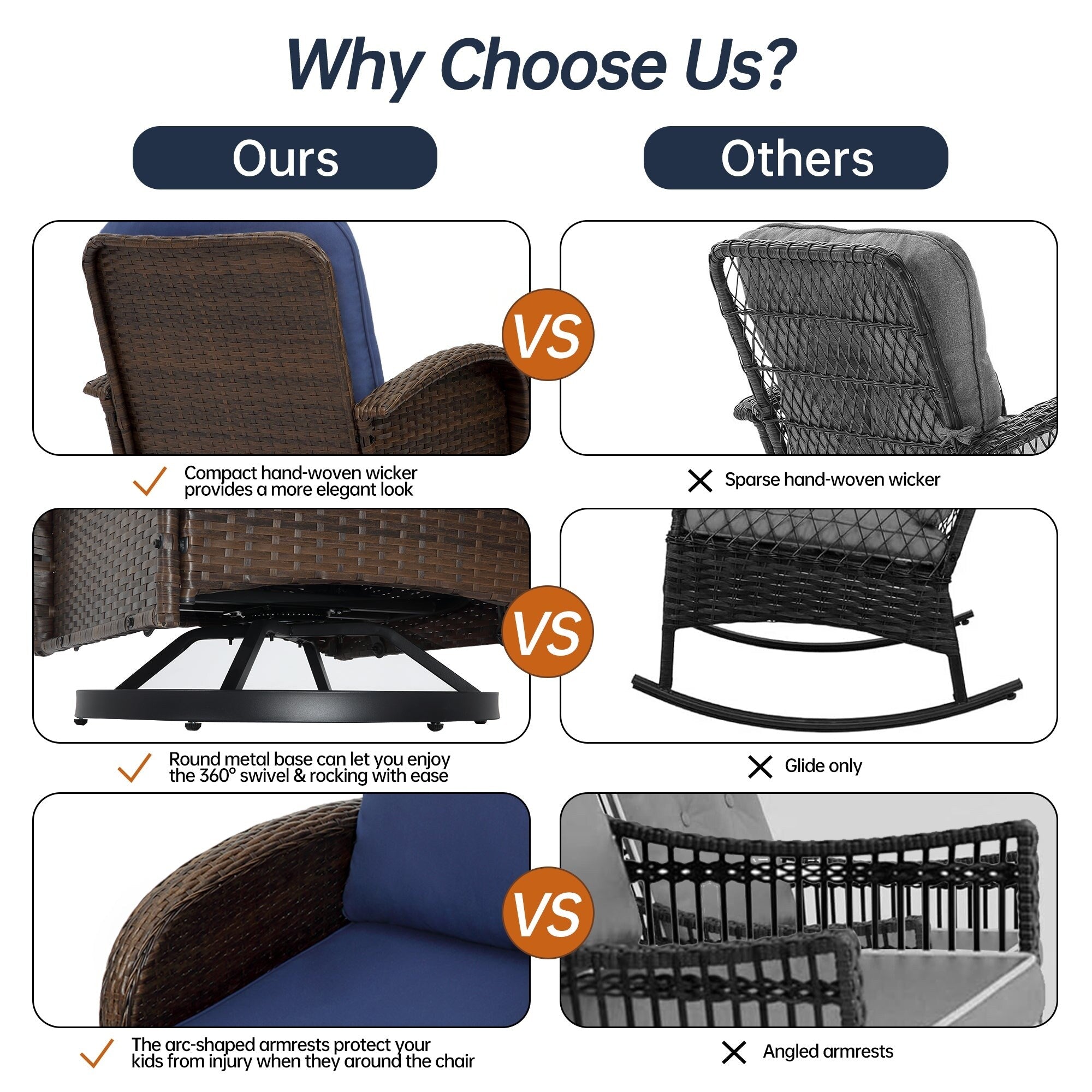 Ensemble de meubles de patio 3 pièces, ensemble bistrot pivotant d'extérieur avec chaises à bascule en osier et table basse en verre