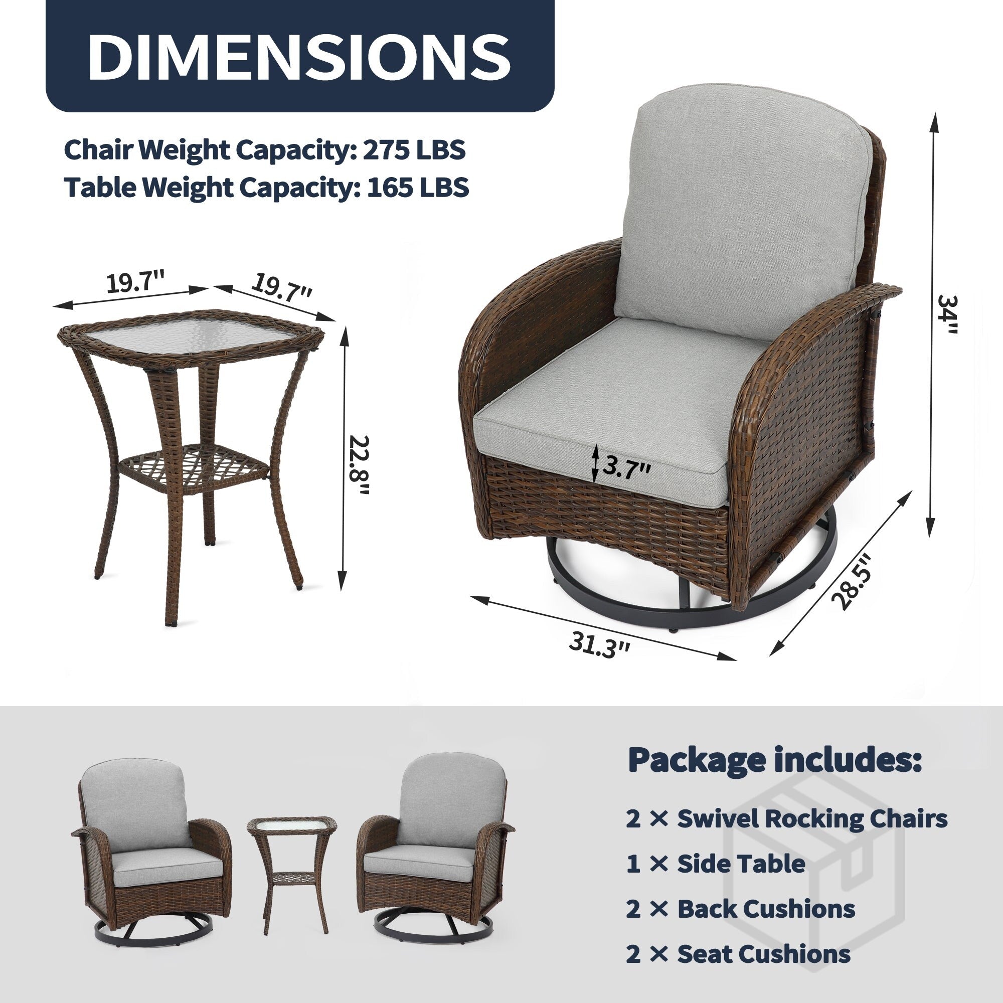 Ensemble de meubles de patio 3 pièces, ensemble bistrot pivotant d'extérieur avec chaises à bascule en osier et table basse en verre