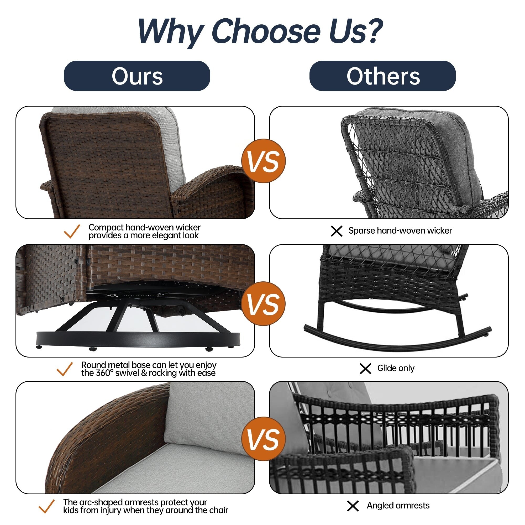 Ensemble de meubles de patio 3 pièces, ensemble bistrot pivotant d'extérieur avec chaises à bascule en osier et table basse en verre