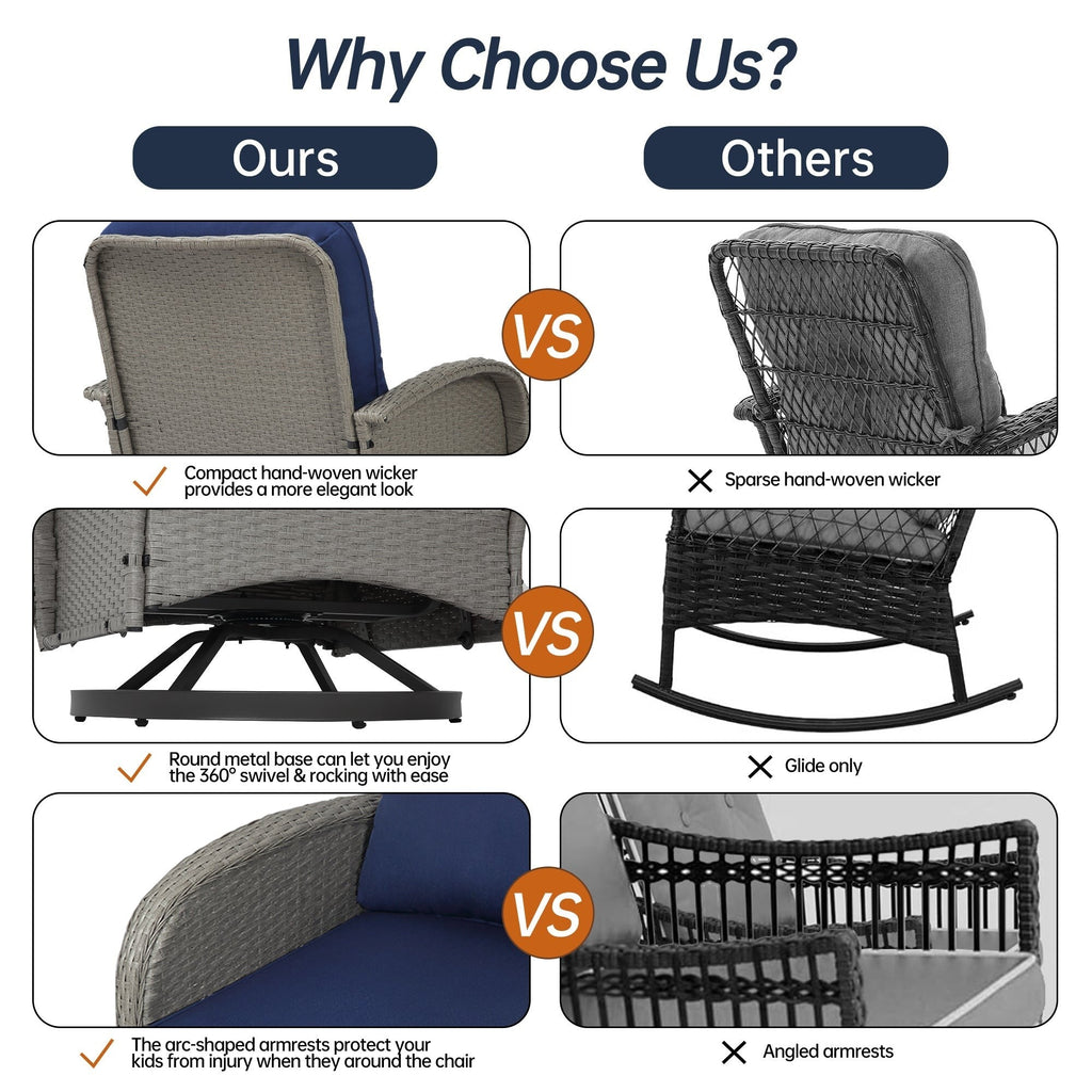 Ensemble de meubles de patio 3 pièces, ensemble bistrot pivotant d'extérieur avec chaises à bascule en osier et table basse en verre