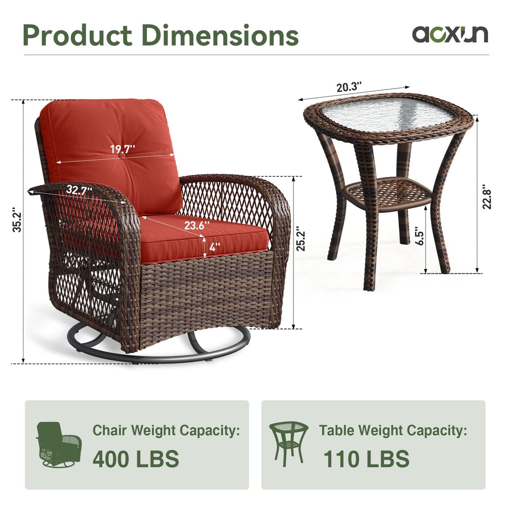 Ensemble de meubles de patio 3 pièces, ensemble de 2 chaises pivotantes à bascule pour patio