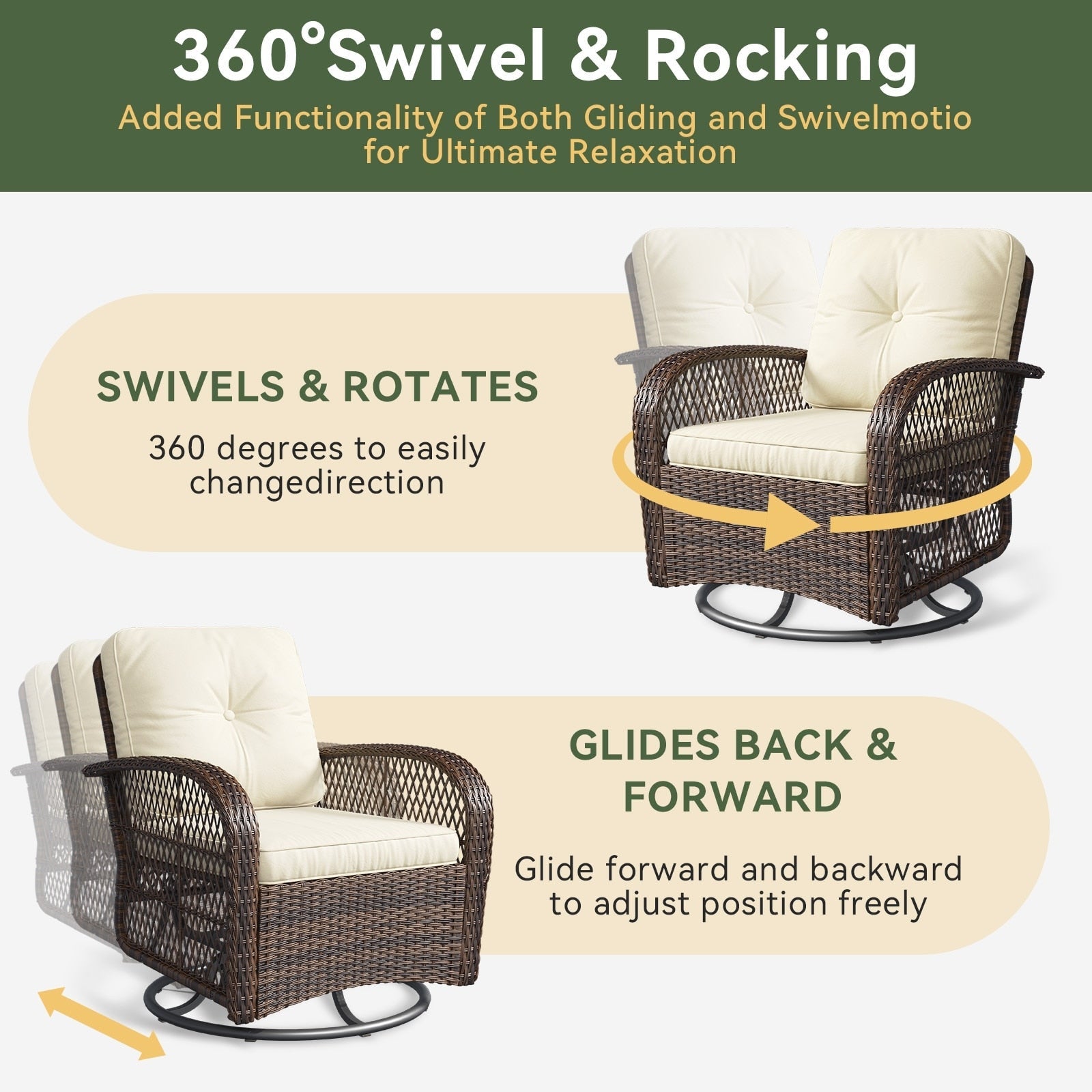 Ensemble de meubles de patio 3 pièces, ensemble de 2 chaises pivotantes à bascule pour patio