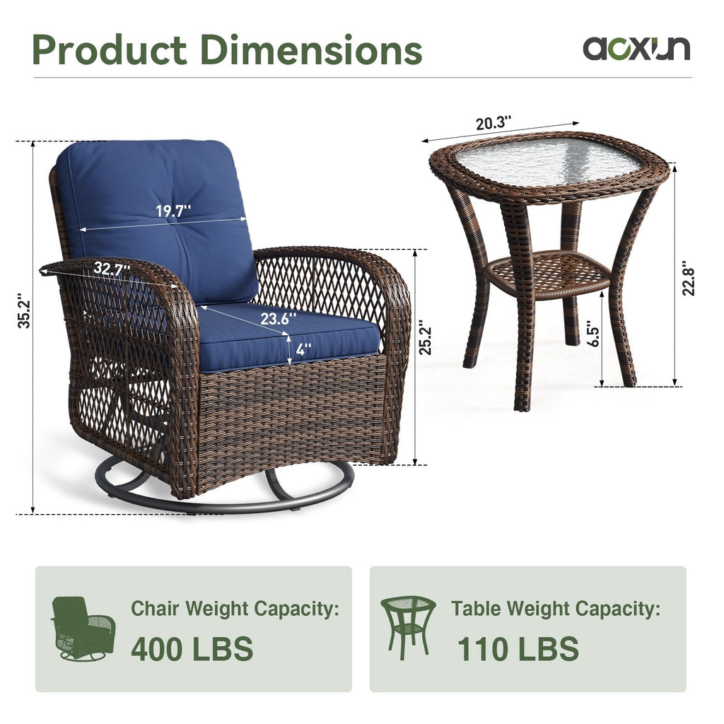 Ensemble de meubles de patio 3 pièces, ensemble de 2 chaises pivotantes à bascule pour patio