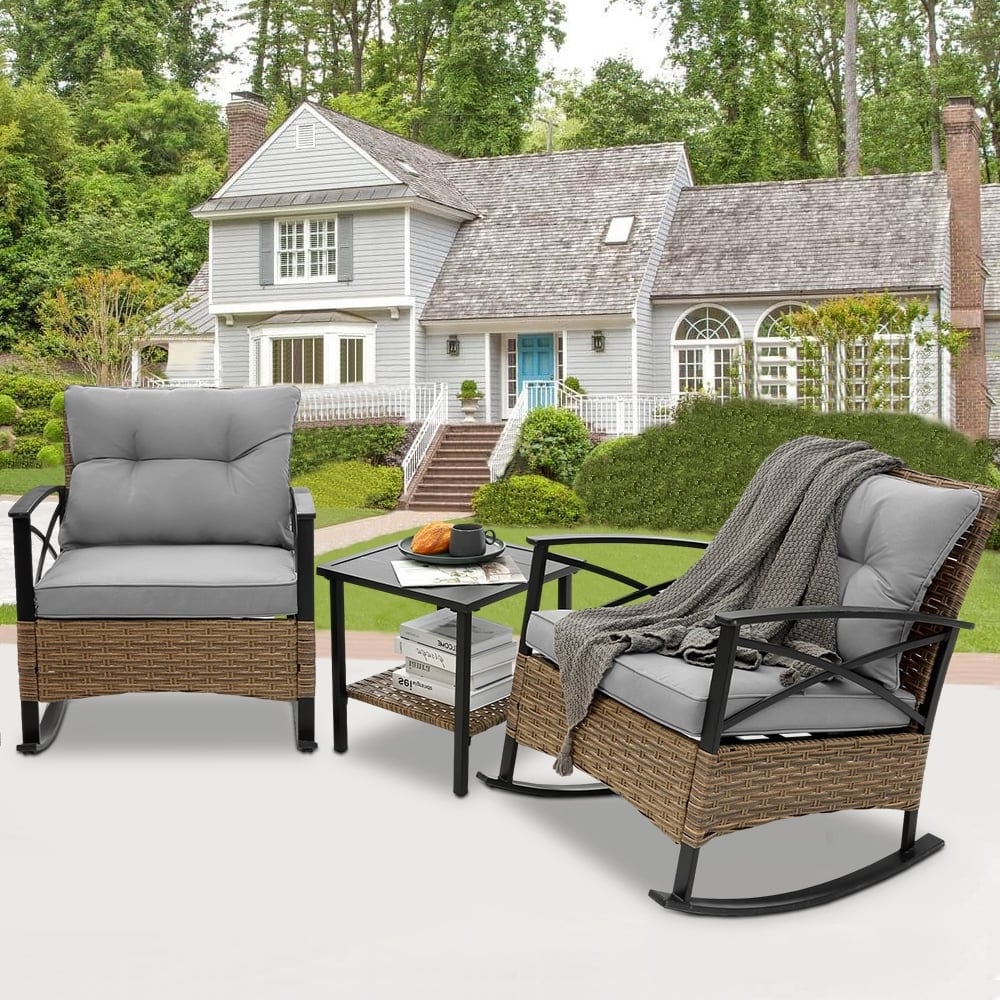 Ensemble de jardin 3 pièces en rotin à bascule avec coussins (1 table, 2 chaises à bascule)