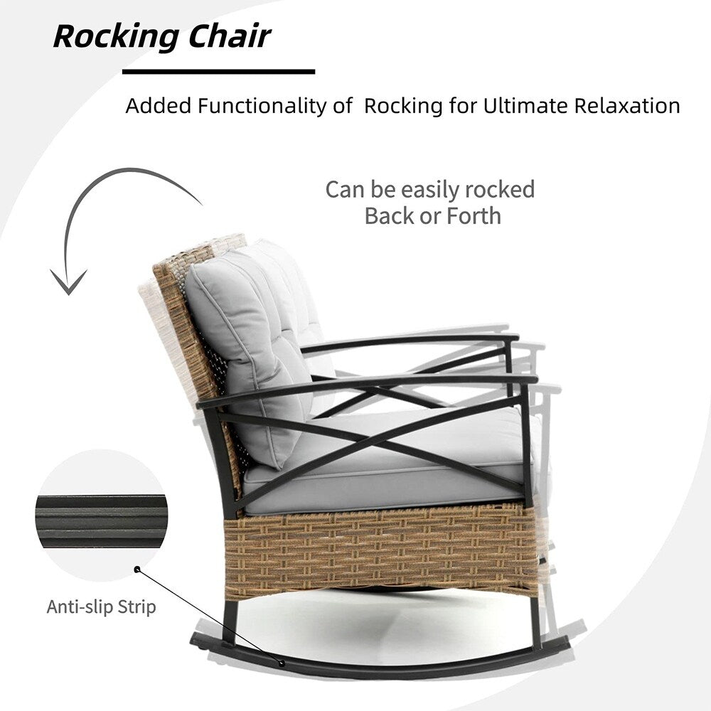 Ensemble de jardin 3 pièces en rotin à bascule avec coussins (1 table, 2 chaises à bascule)