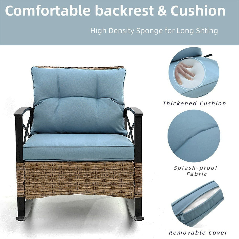 Ensemble de jardin 3 pièces en rotin à bascule avec coussins (1 table, 2 chaises à bascule)