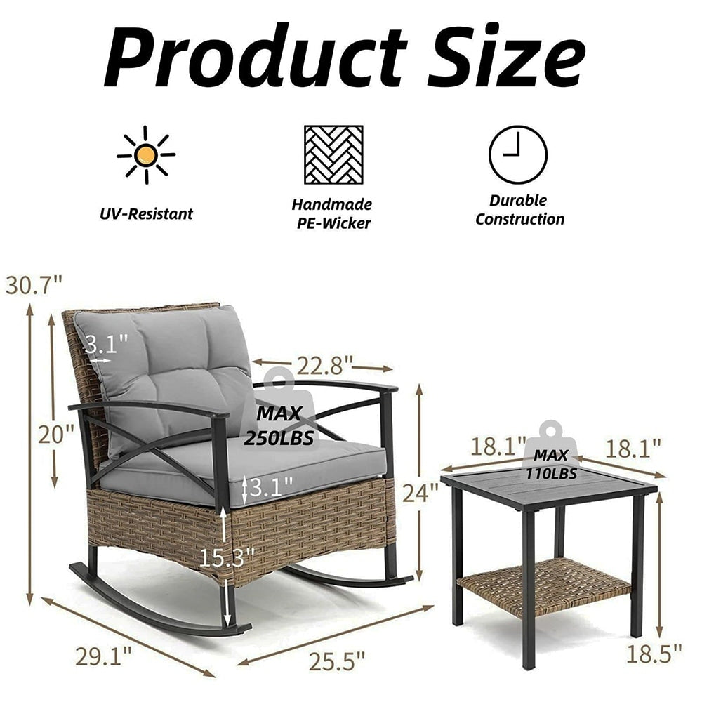 Ensemble de jardin 3 pièces en rotin à bascule avec coussins (1 table, 2 chaises à bascule)