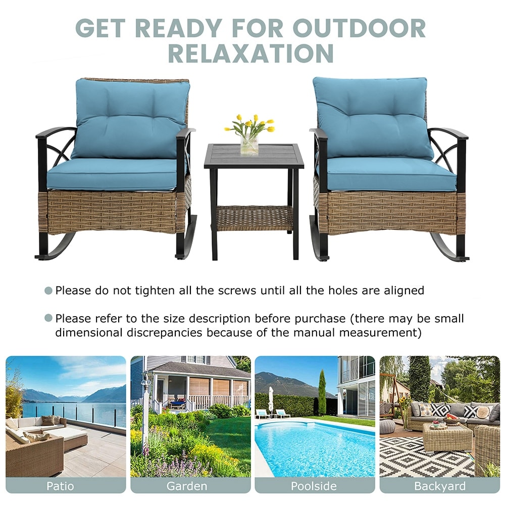 Ensemble de jardin 3 pièces en rotin à bascule avec coussins (1 table, 2 chaises à bascule)