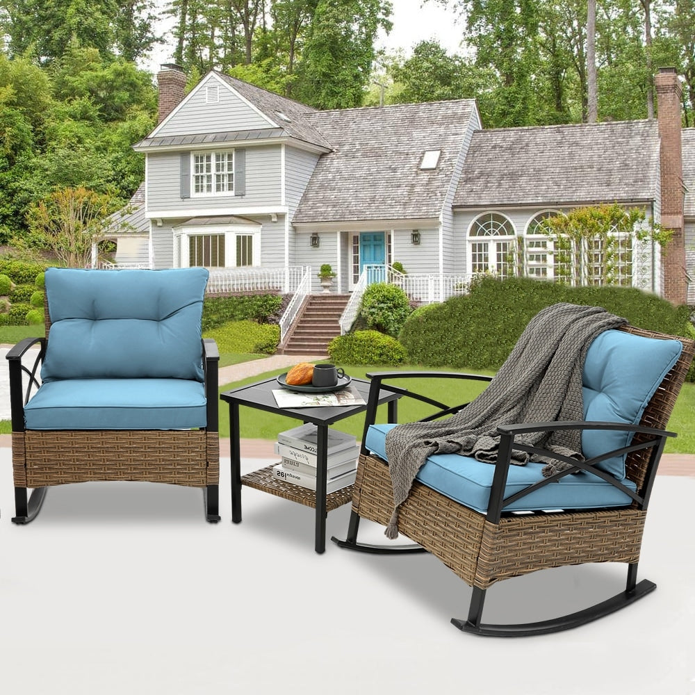 Ensemble de jardin 3 pièces en rotin à bascule avec coussins (1 table, 2 chaises à bascule)