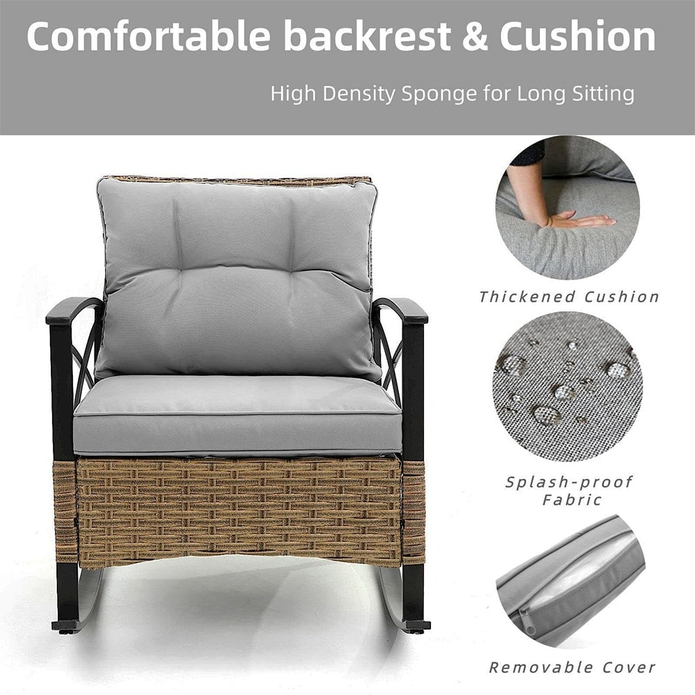 Ensemble de jardin 3 pièces en rotin à bascule avec coussins (1 table, 2 chaises à bascule)