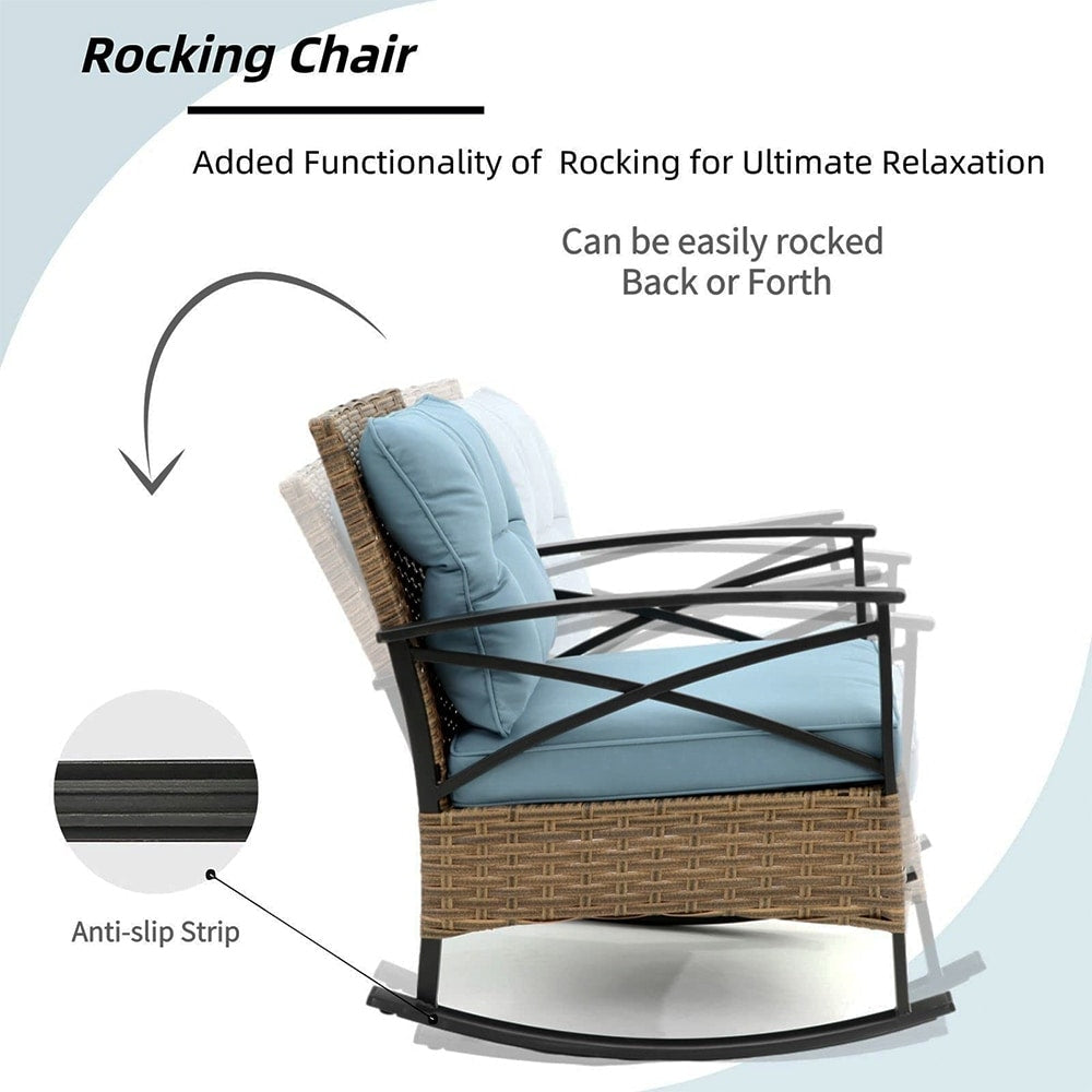 Ensemble de jardin 3 pièces en rotin à bascule avec coussins (1 table, 2 chaises à bascule)