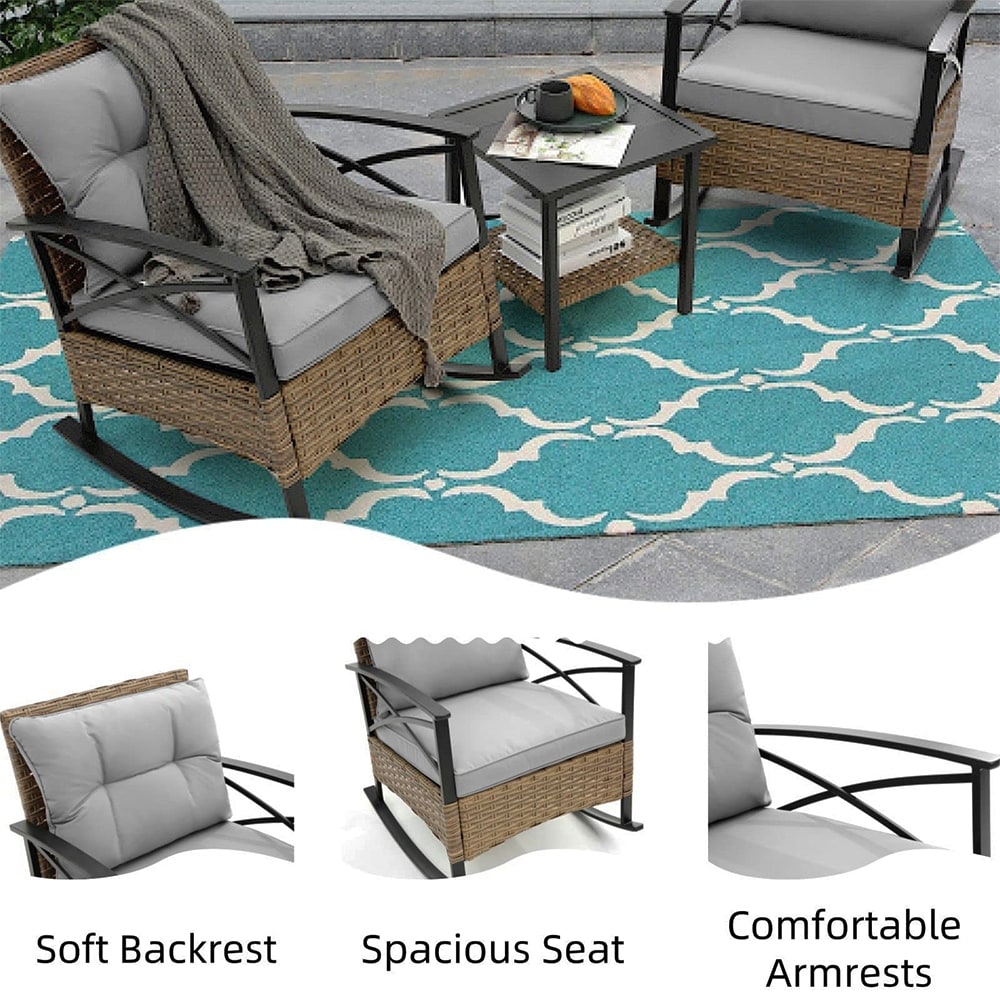 Ensemble de jardin 3 pièces en rotin à bascule avec coussins (1 table, 2 chaises à bascule)