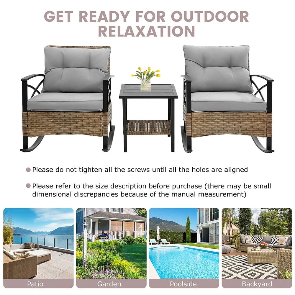 Ensemble de jardin 3 pièces en rotin à bascule avec coussins (1 table, 2 chaises à bascule)