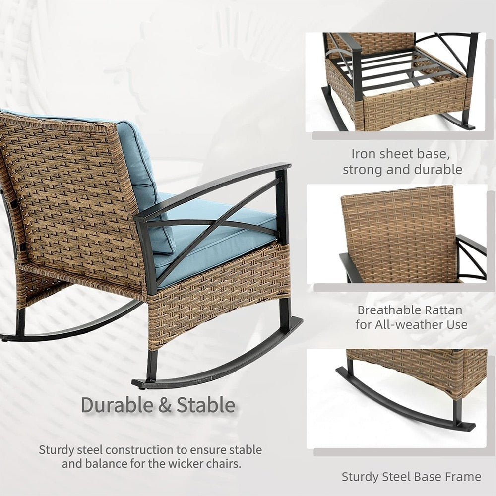 Ensemble de jardin 3 pièces en rotin à bascule avec coussins (1 table, 2 chaises à bascule)