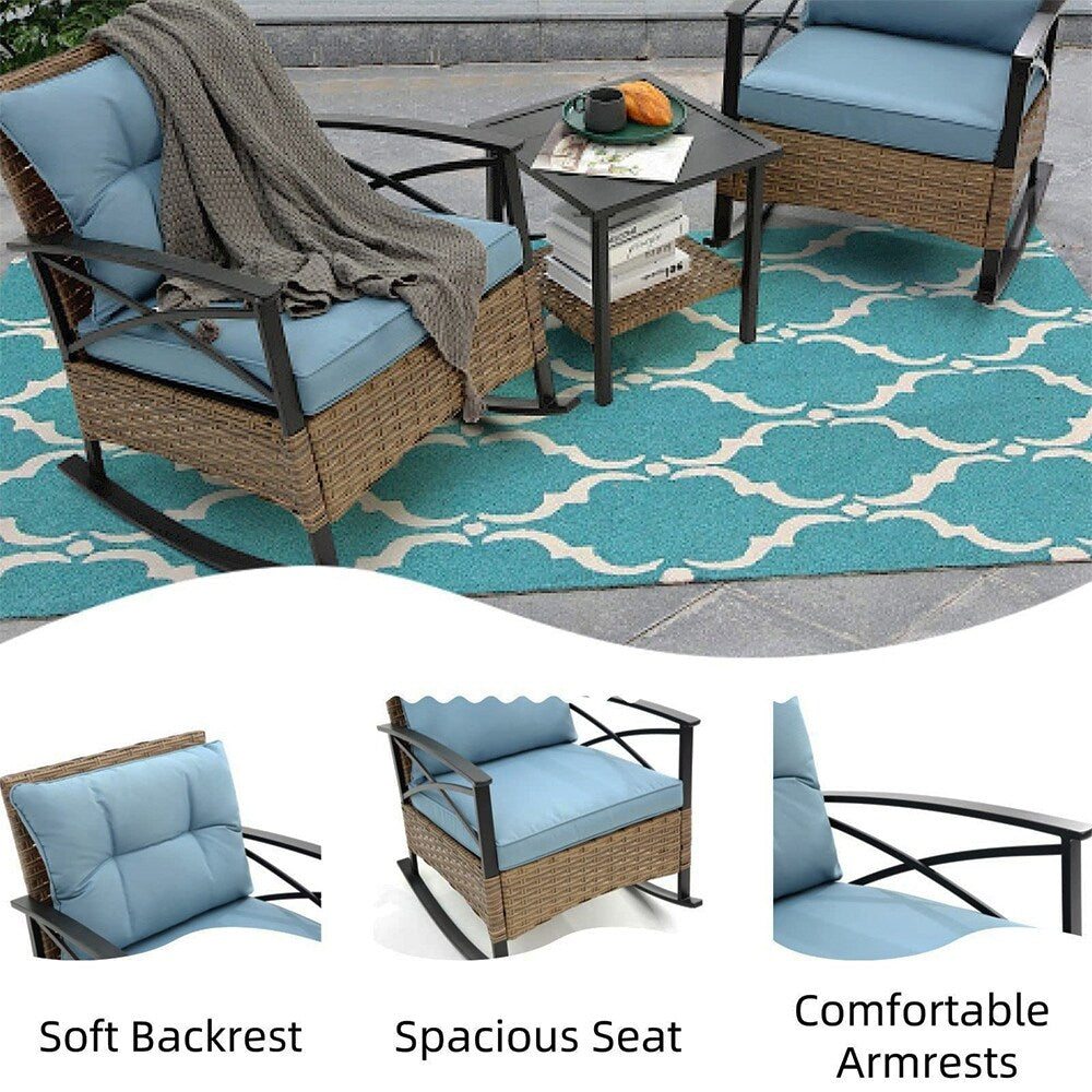 Ensemble de jardin 3 pièces en rotin à bascule avec coussins (1 table, 2 chaises à bascule)