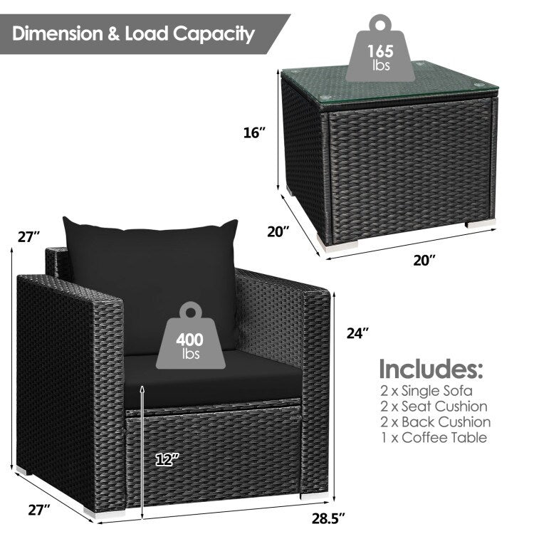 Ensemble de meubles de patio en osier 3 pièces avec coussin - 28,5 x 27,5 x 27 (L x l x H)