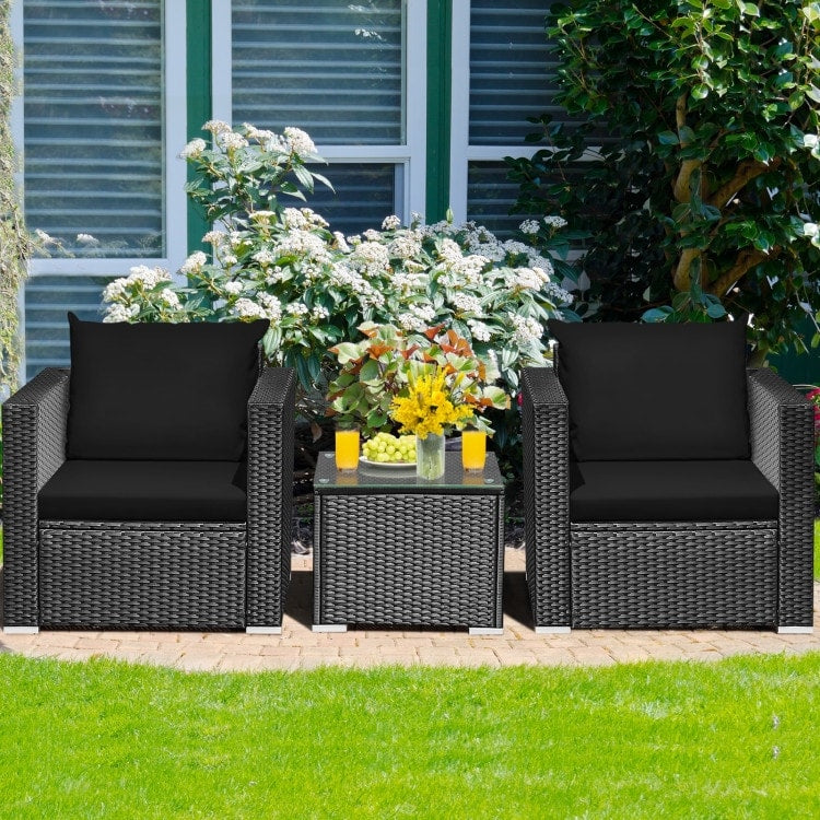 Ensemble de meubles de patio en osier 3 pièces avec coussin - 28,5 x 27,5 x 27 (L x l x H)
