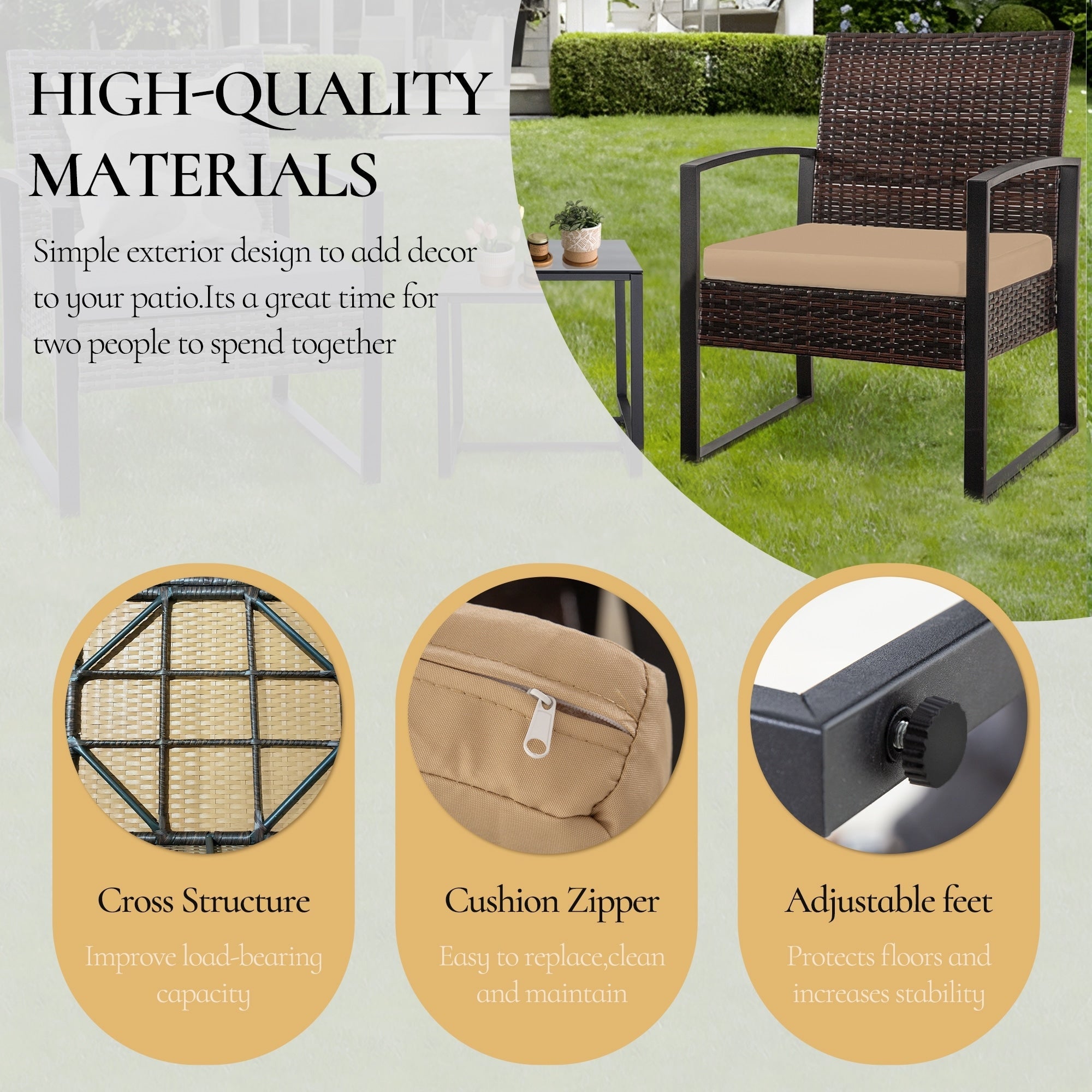 Ensemble de 3 chaises de jardin en osier avec coussins