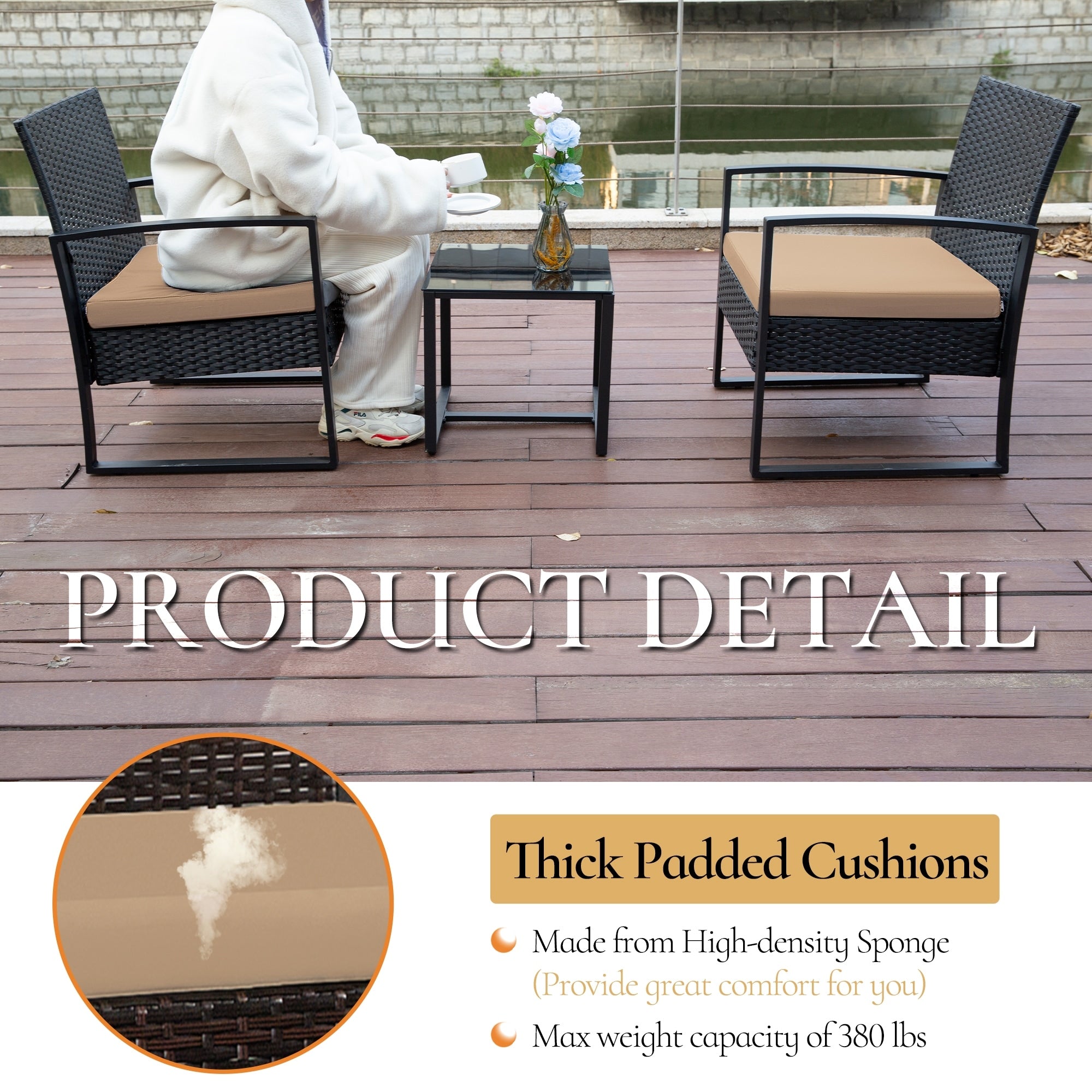 Ensemble de 3 chaises de jardin en osier avec coussins