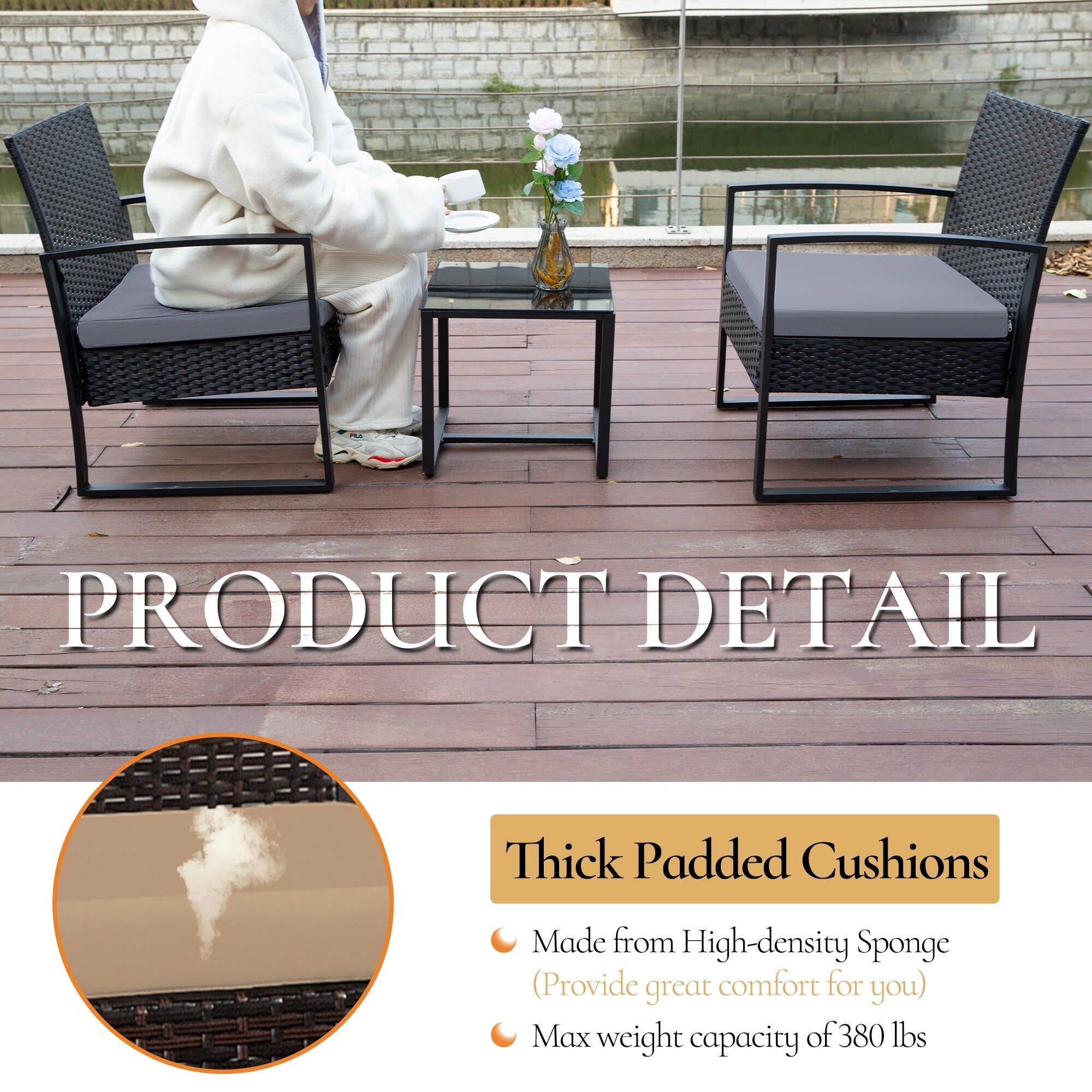 Ensemble de 3 chaises de jardin en osier avec coussins