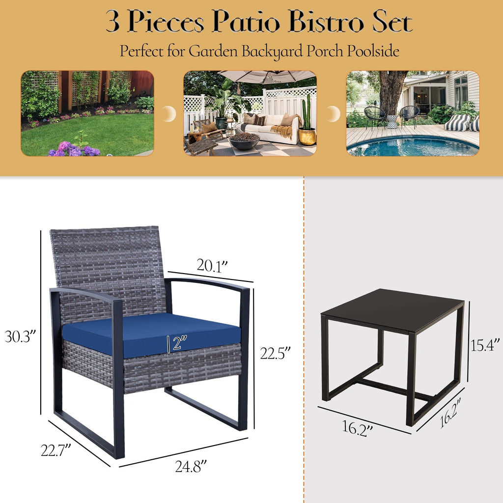 Ensemble de 3 chaises de jardin en osier avec coussins