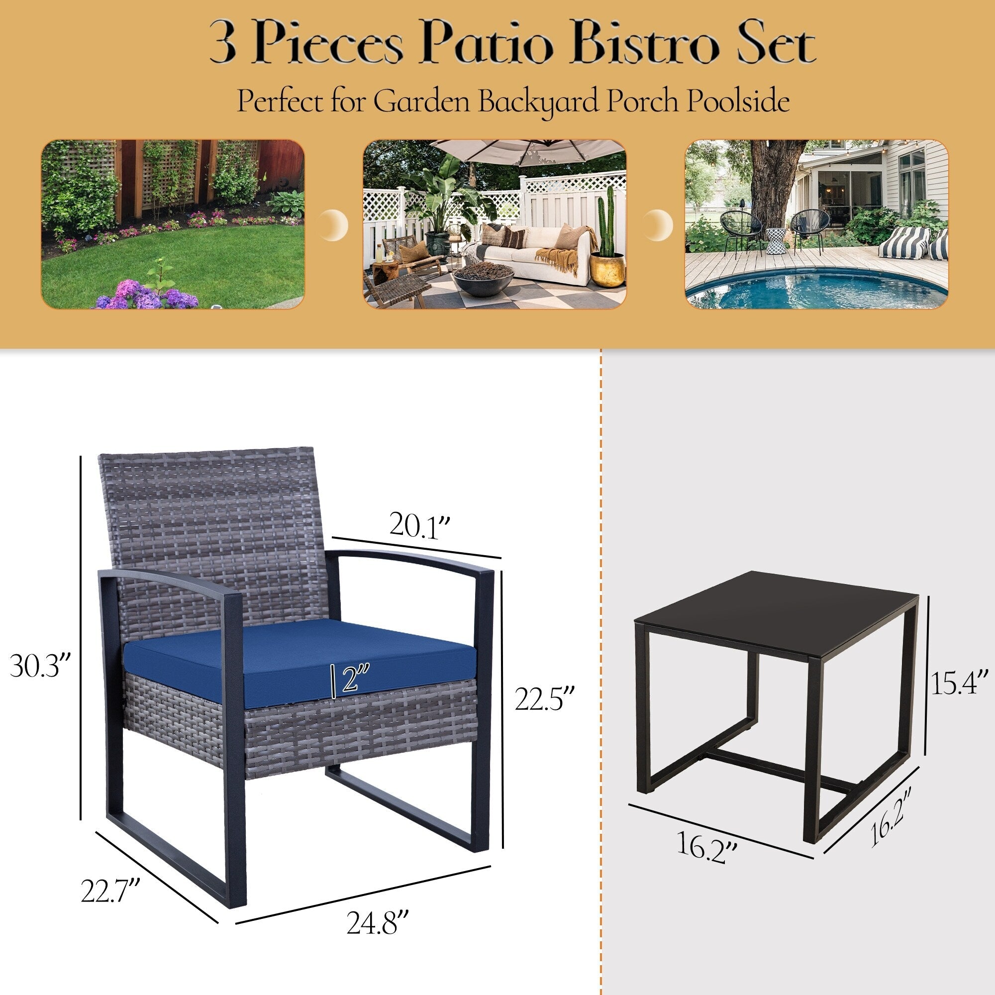 Ensemble de 3 chaises de jardin en osier avec coussins