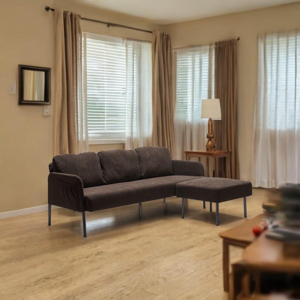 Canapé 3 places en tissu polyester en forme de L avec pouf, canapé rembourré moderne, petit canapé confortable pour petits espaces