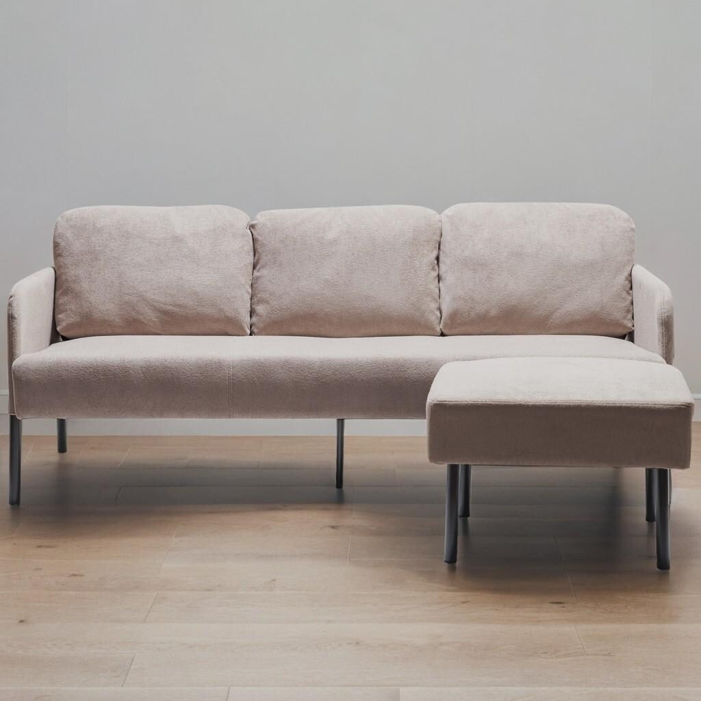 Canapé 3 places en tissu polyester en forme de L avec pouf, canapé rembourré moderne, petit canapé confortable pour petits espaces