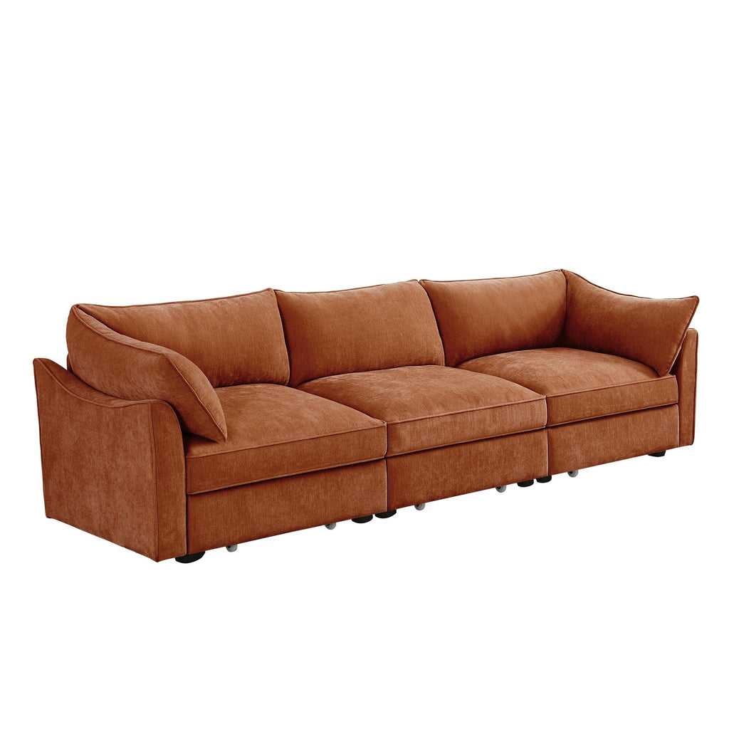 Canapé 3 places large et profond avec tiroirs coulissants sous chaque siège, accoudoirs en forme de croissant et dossier enveloppant