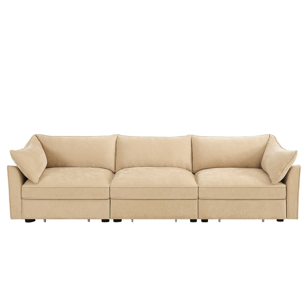 Canapé 3 places large et profond avec tiroirs coulissants sous chaque siège, accoudoirs en forme de croissant et dossier enveloppant