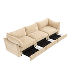 Canapé 3 places large et profond avec tiroirs coulissants sous chaque siège, accoudoirs en forme de croissant et dossier enveloppant