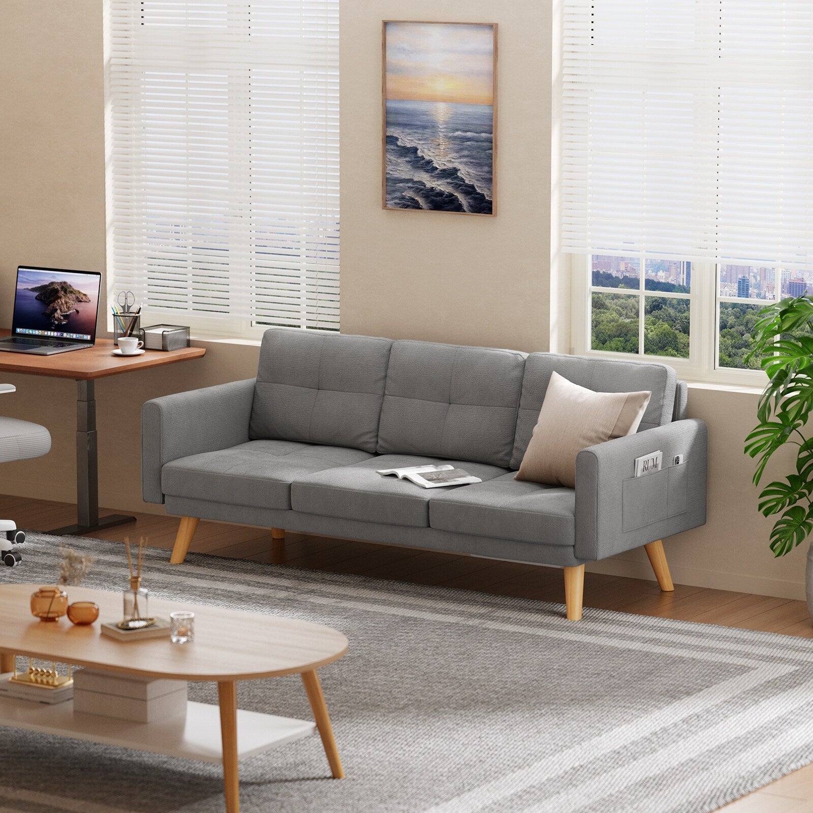 Canapé-lit 3 places rembourré pour salon, canapé-lit inclinable avec dossier